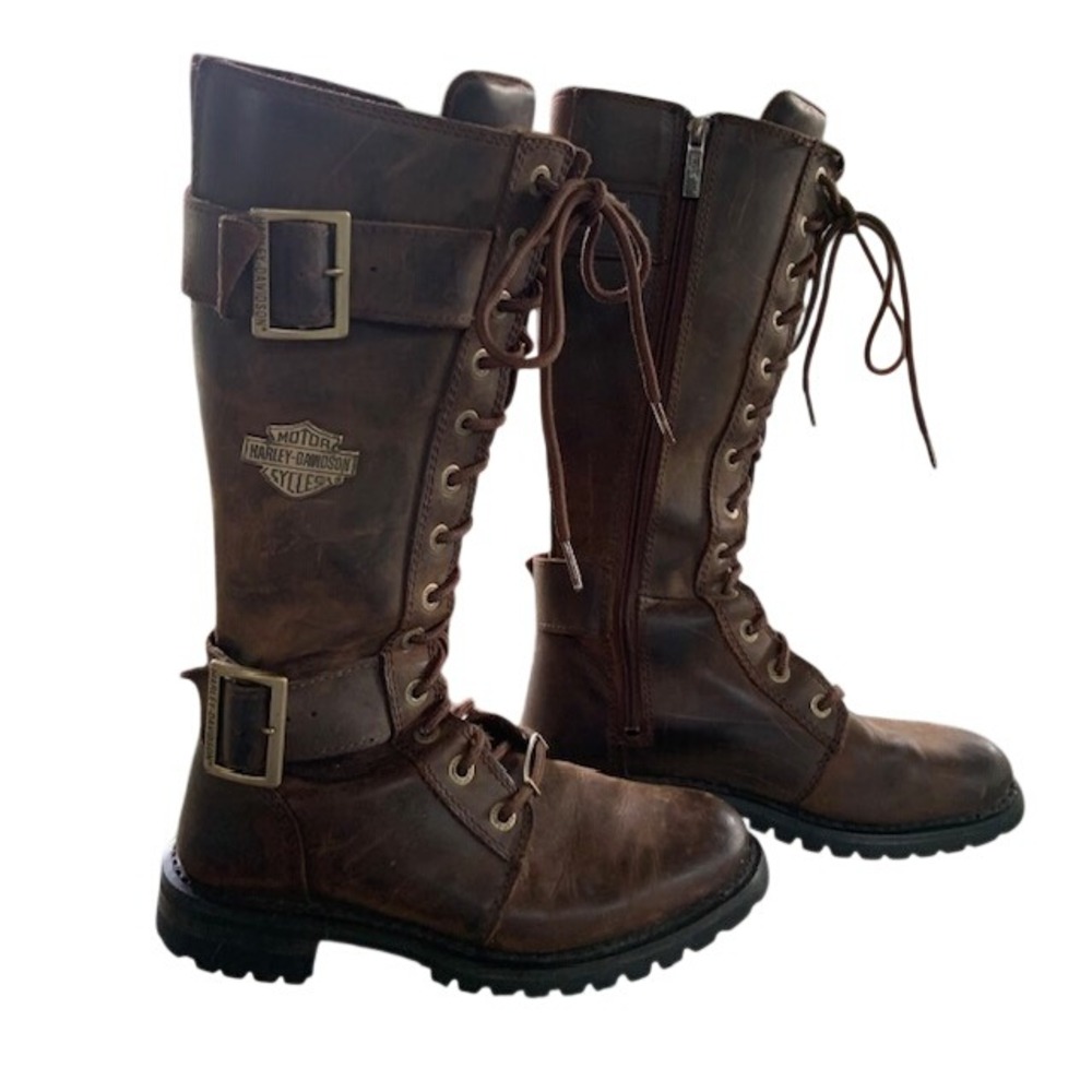 Harley-Davidson Belhaven Knee High Boots Distressed Brown Leather Lace Up 7.5